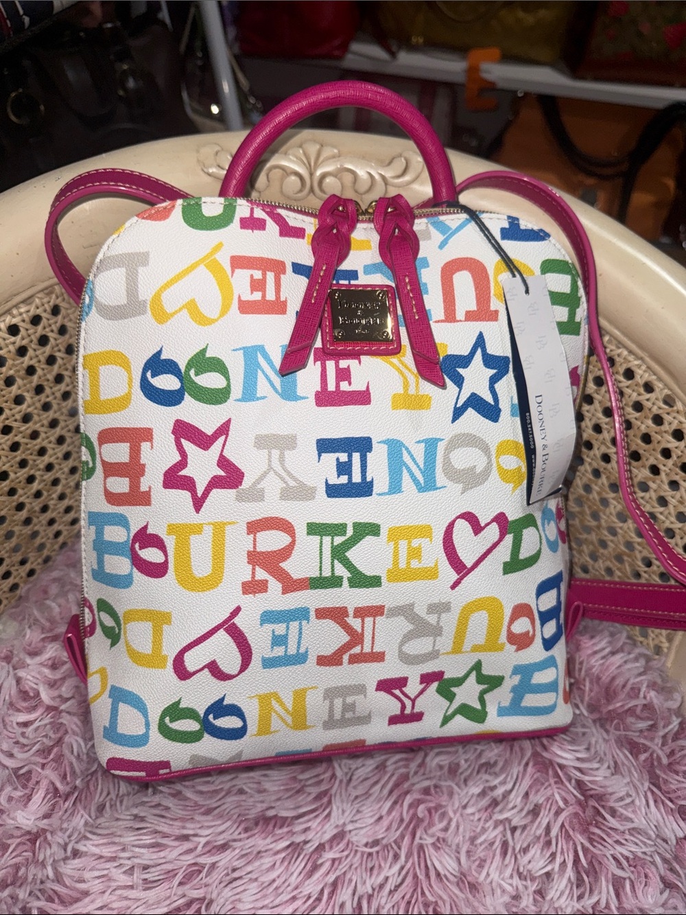 Dooney & Bourke Multicolor Logo Mini Backpack with Pink Trim